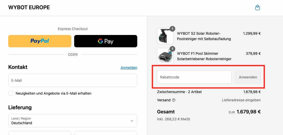 So gibst Du den Rabattcode bei WYBOT ein